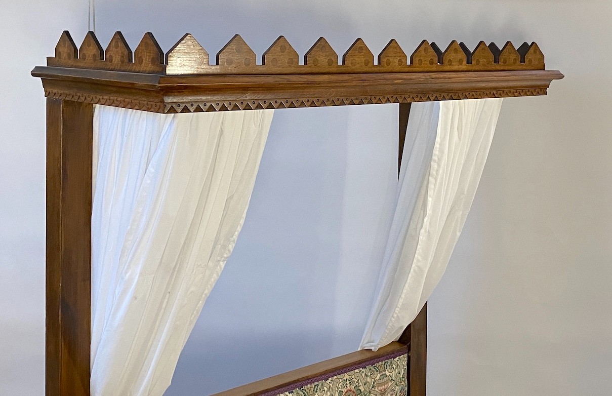 Charles Bevan probably for Marsh & Jones, Leeds. An Arts & Crafts pollard oak and marquetry half tester bed, width 156cm length 213cm height 226cm